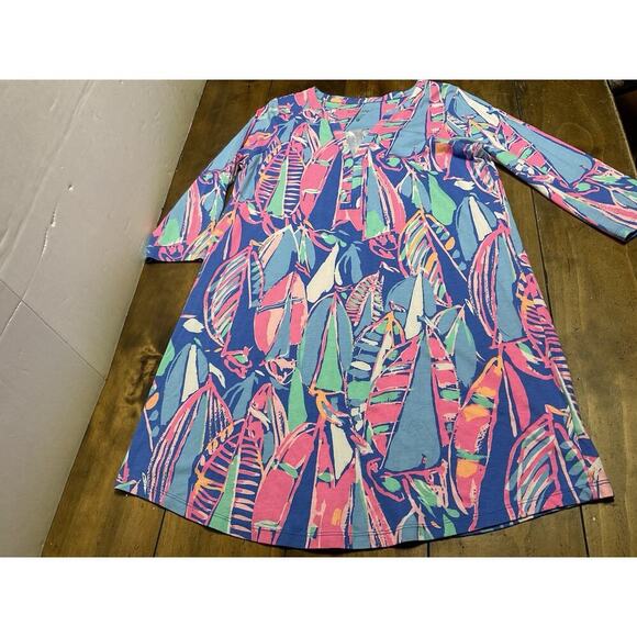 Lilly Pulitzer Ali Out To Sea Sail Boat Nautical Print Pattern Cotton Dress L - Picture 1 of 11